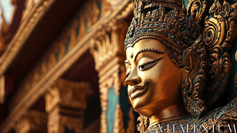 Golden temple guardian sculpture glows in warm sunset light.
