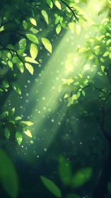 Sunlit forest canopy glows with drifting golden specks