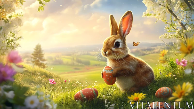 Brown rabbit holds painted egg in bright spring meadow