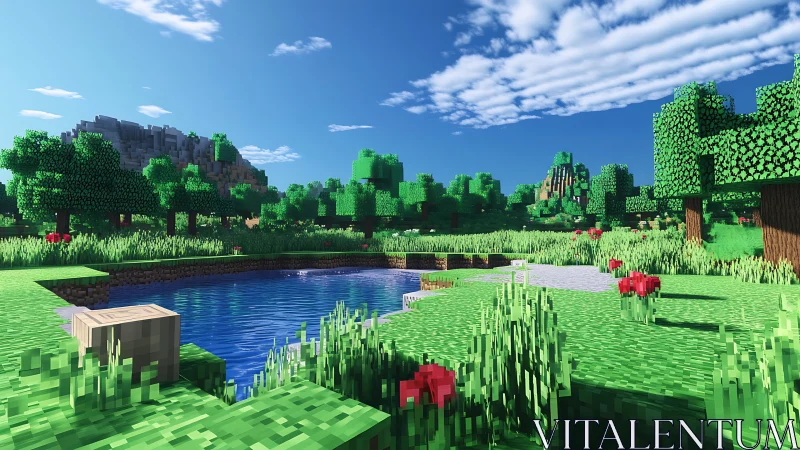 Voxel forest pond reflects bright sky in blocky landscape