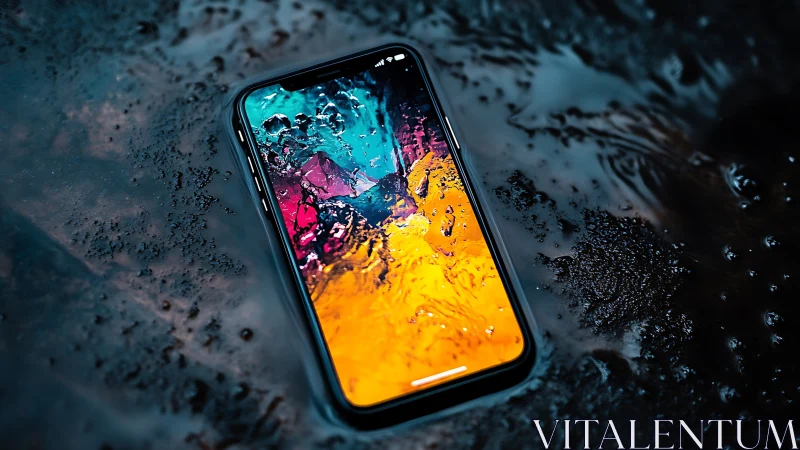 Smartphone with vivid screen lying on wet reflective surface.
