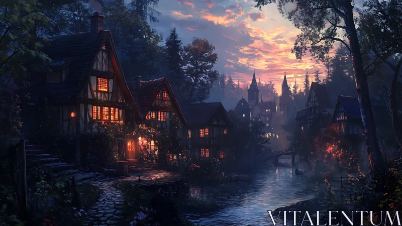 Enchanting riverside village glows beneath a storybook dusk