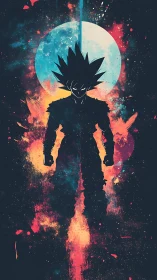 Silhouetted spiky-haired figure before abstract cosmic orb.