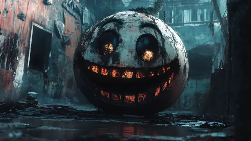 Gleaming grinning pumpkin orb in a haunting city ruin.