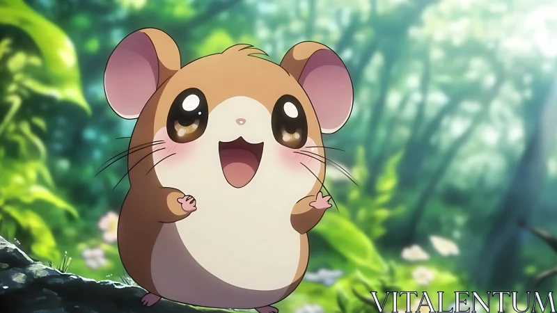 Chubby forest mouse beams with joy in glowing woodland scene.