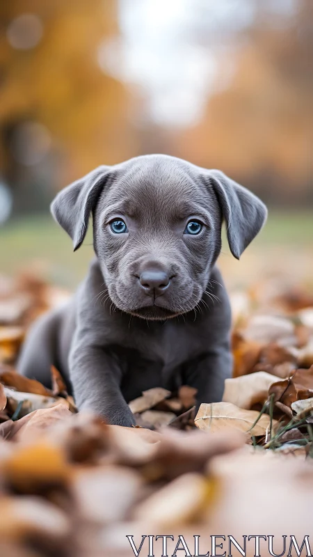 Tiny steel-gray puppy patrols an autumn leaf wonderland