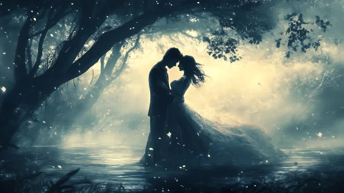 Enchanted Kiss Beneath Ancient Trees at Water's Edge.