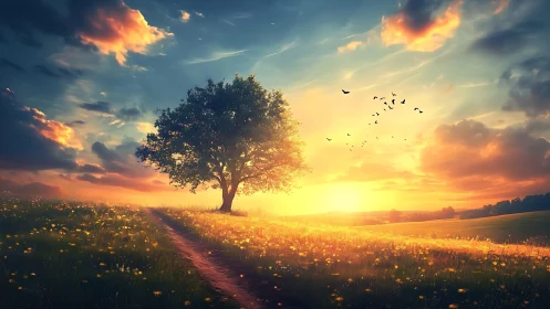 Single tree stands in a field under low sun and scattered clouds