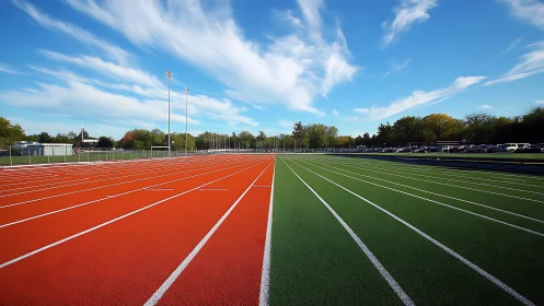 Racing stripes of earth and turf split a sunlit horizon.
