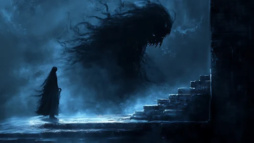 Spectral cloaked figure confronting amorphous shadow entity.