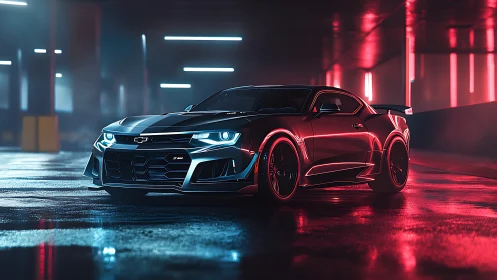 Chevrolet Camaro ZL1 in neon lit wet parking garage at night.