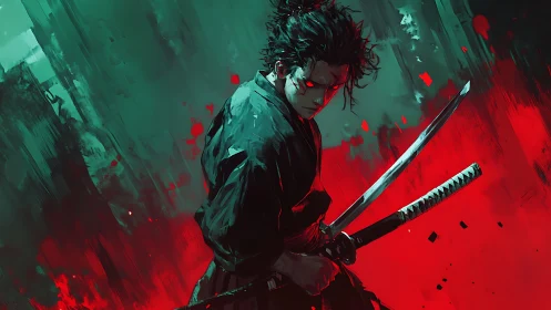 Ronin swordsman amid red and green abstract storm.