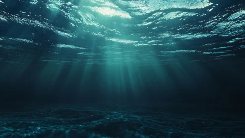 Subsurface ocean view with light rays penetrating water column.