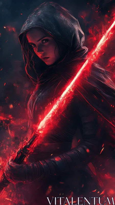 Hooded warrior holding a glowing red energy sword