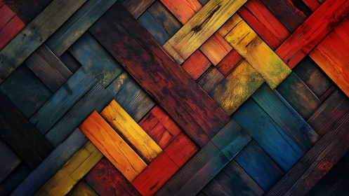 Multicolored wooden planks form dense diagonal woven grid
