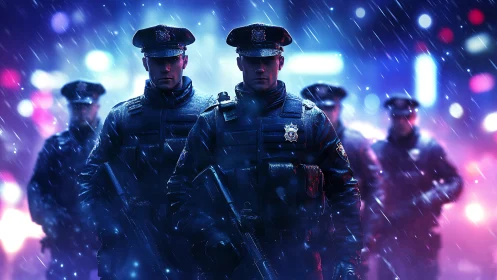 Armored police squad advances through neon rain-soaked streets