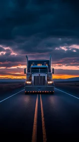 Midnight highway semi truck under storm-lit sunset sky.