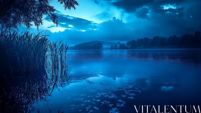 Moonlit blue lake lies in tranquil silence beneath clouds
