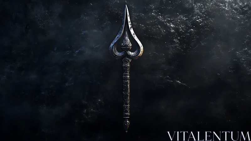 Ornate trident spear rendered against dark textured void