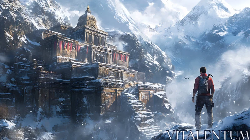 Digital matte of lone climber before ancient alpine temple.