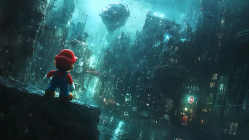 Game character observing dense futuristic cityscape in rain.