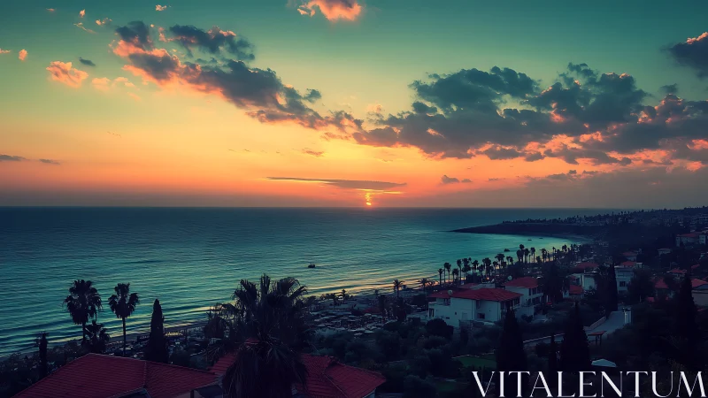 Coastal town shoreline under vivid orange sunset sky.