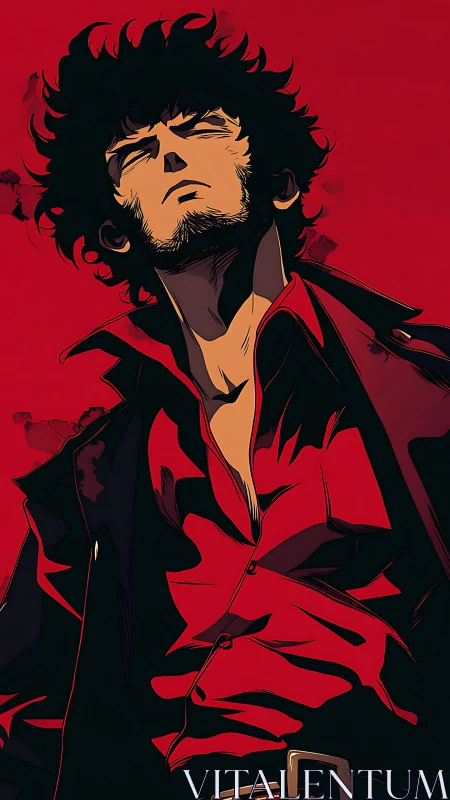 Stoic man in red shirt stands against bold red field