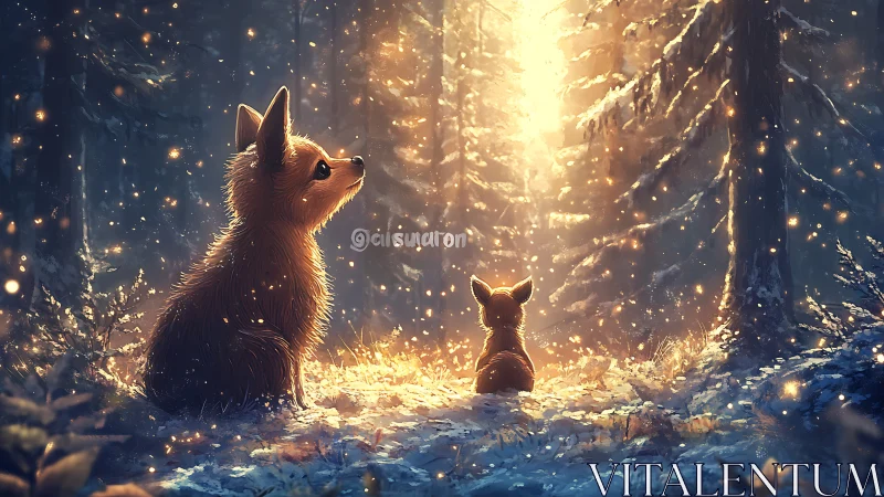 Backlit foxes observe volumetric light shafts in snowy forest