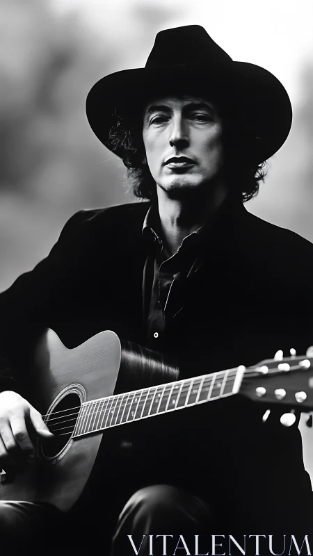 Monochrome portrait isolates guitarist with shallow depth of field