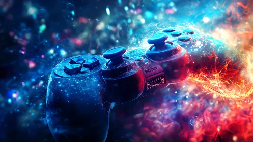 Game controller floating in vivid cosmic energy field.