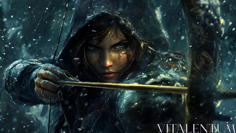 Hooded female archer drawing bow in dense winter snowfall.