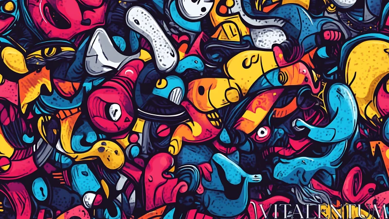 Chaotic cartoon creatures swirl in dense neon abstraction