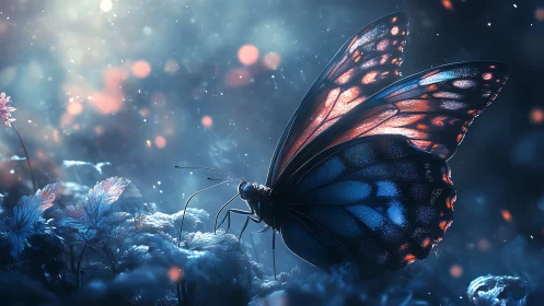 Moonlit butterfly resting softly in a glowing dream garden.