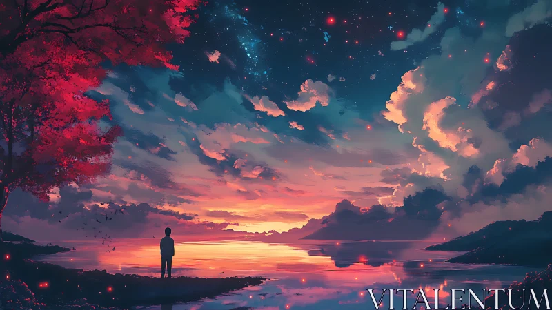 Stargazing at the ember-lit shore of a painted twilight sky.