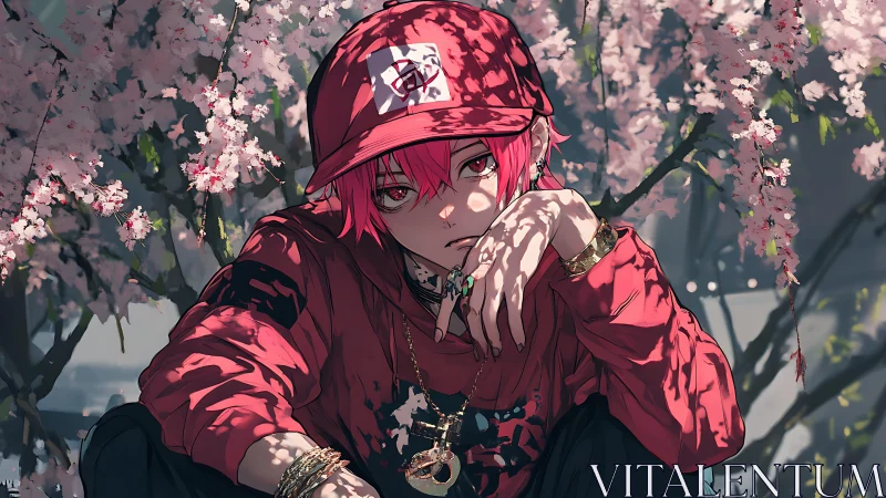 Brooding streetwear youth beneath blooming cherry trees.