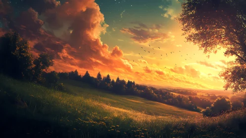 Sunlit hillside landscape under expansive clouded sky.