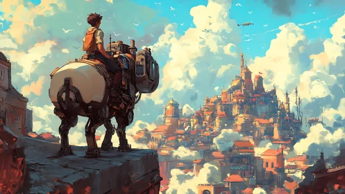 Young rider meets a sunlit sky city of drifting clouds.