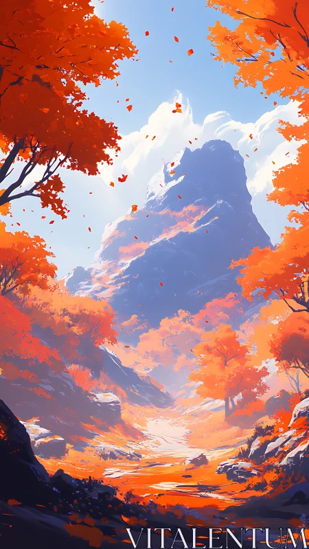 Mountain valley with orange autumn trees under clear sky.