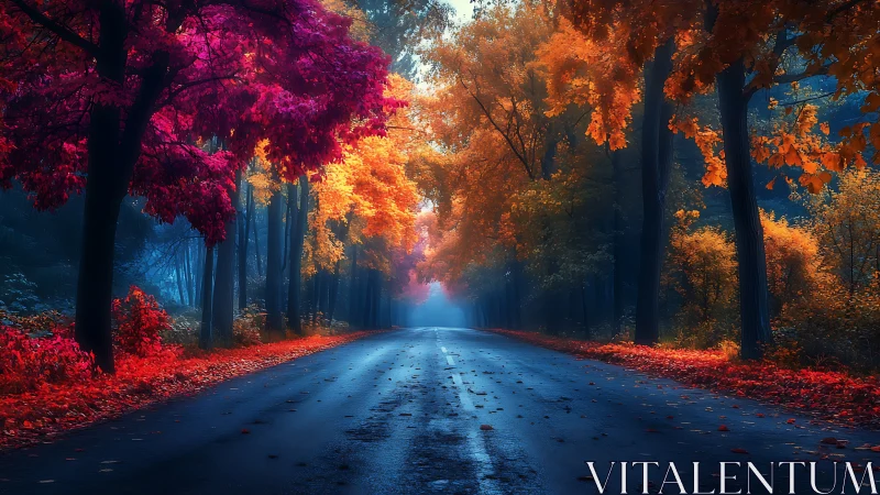 Moody forest road cuts through vivid neon autumn foliage