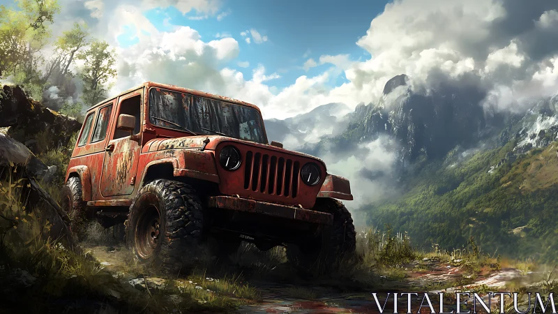 Weathered 4x4 off-road vehicle climbs wet alpine rock track