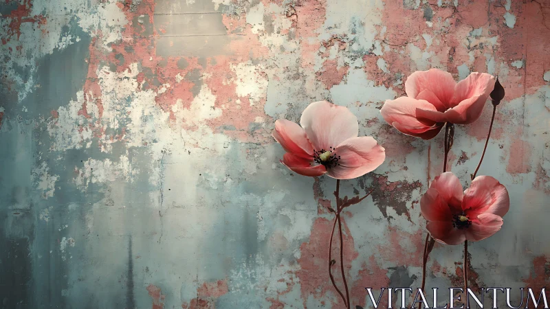 Coral Poppies on Weathered Wall: Artistic Floral Still Life
