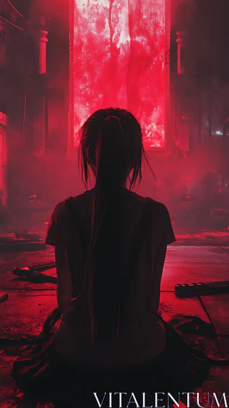 Silhouetted figure seated before large red illuminated portal.