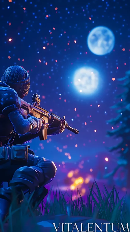 Tactical sniper crouches under dual moons with bokeh particle field