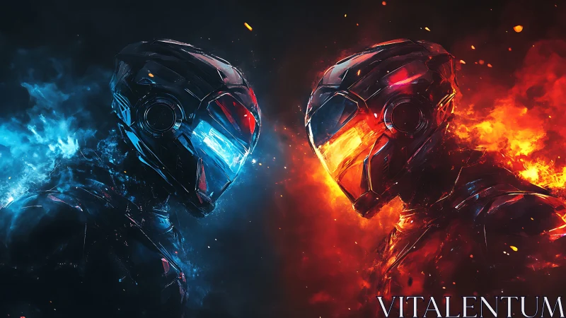 Fire and ice androids meet in a glowing cosmic standoff.