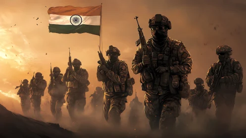 Indian infantry squad advancing through cinematic dusk haze.