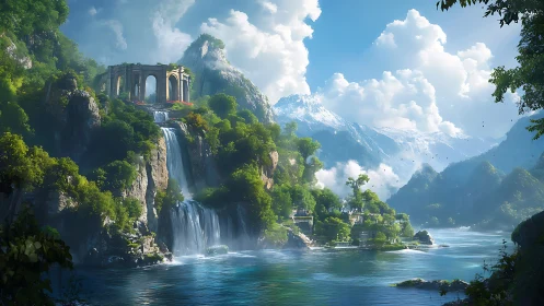 Stone pavilion overlooks tiered waterfalls and alpine lake