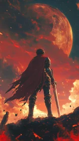 Lone starborn knight confronts a burning blood-red moon.