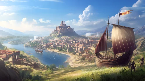 Medieval riverside city with fortress and sailing vessel.