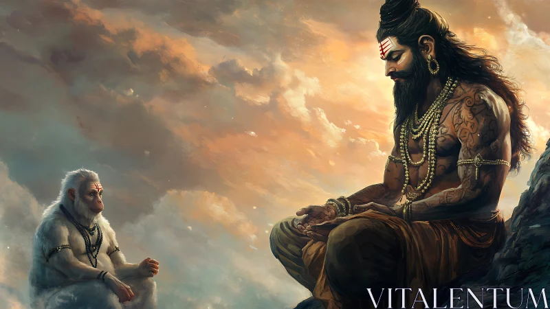 Sacred guru and white monkey share a serene skyward vigil