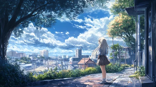 Girl observes sunlit cityscape under wide summer sky